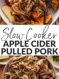 This easy-to-make slow cooker apple cider pulled pork lets apple cider shine in a savory way! Made from budget-friendly pork tenderloin and infused with Dijon, brown sugar, garlic, paprika, and cinnamon, this delicious protein is great in bowls, sandwiches, wraps, sliders, and more.