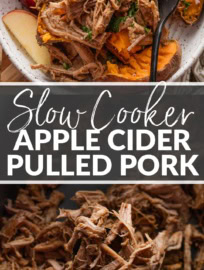 This easy-to-make slow cooker apple cider pulled pork lets apple cider shine in a savory way! Made from budget-friendly pork tenderloin and infused with Dijon, brown sugar, garlic, paprika, and cinnamon, this delicious protein is great in bowls, sandwiches, wraps, sliders, and more.
